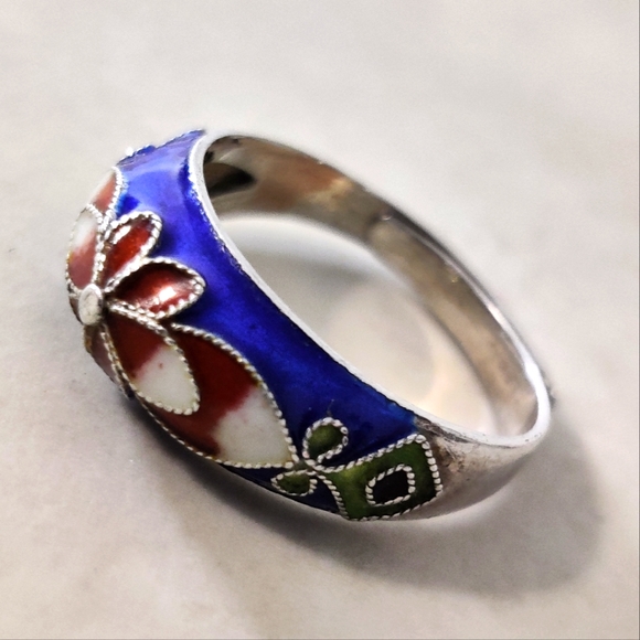 Vintage Chinese Export Cloisonne Sterling Silver Adjustable Ring - Picture 2 of 12